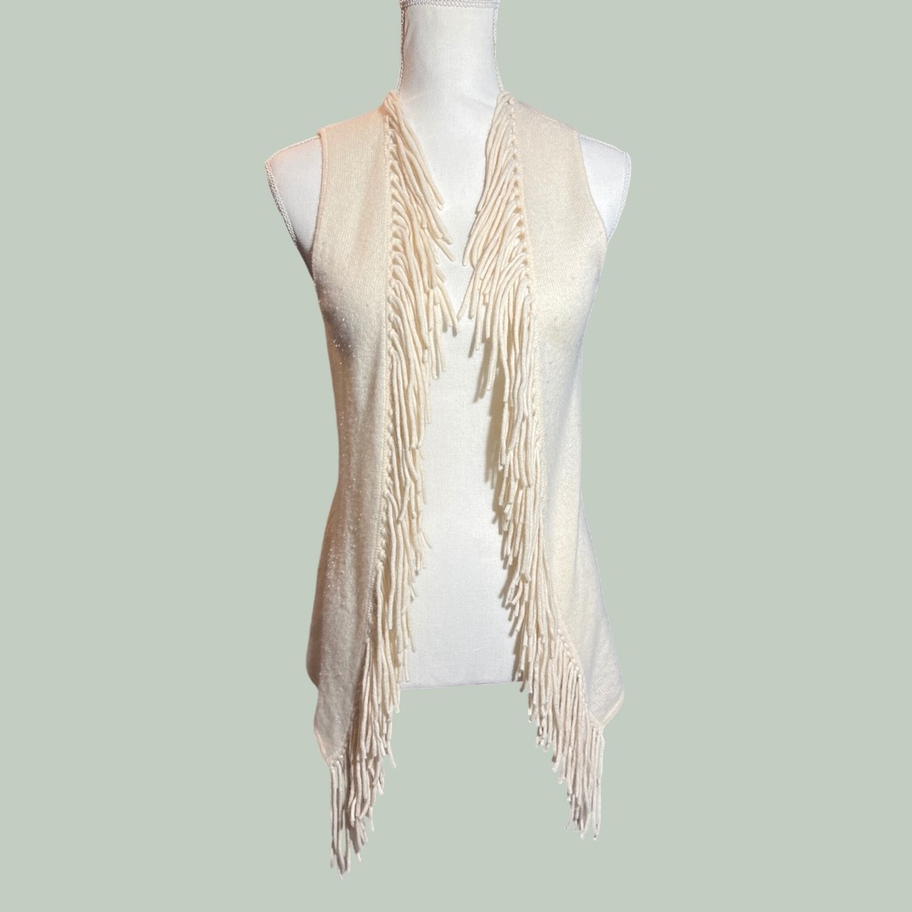 Minnie Rose Cream 100% Cashmere Fringe Open Front Sleeveless Boho Cardigan Vest‎